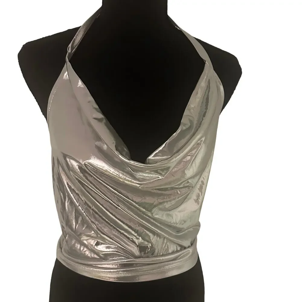 Y2K Silver Metallic Halter Cowl Neck Top Liquid Shine Going Out Party - Picture 2 of 14